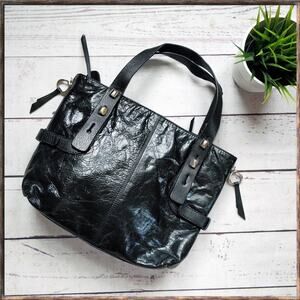 FRANCESCO BIASIA Black Glossy Patent Leather Zipper Shoulder Purse Double Strap